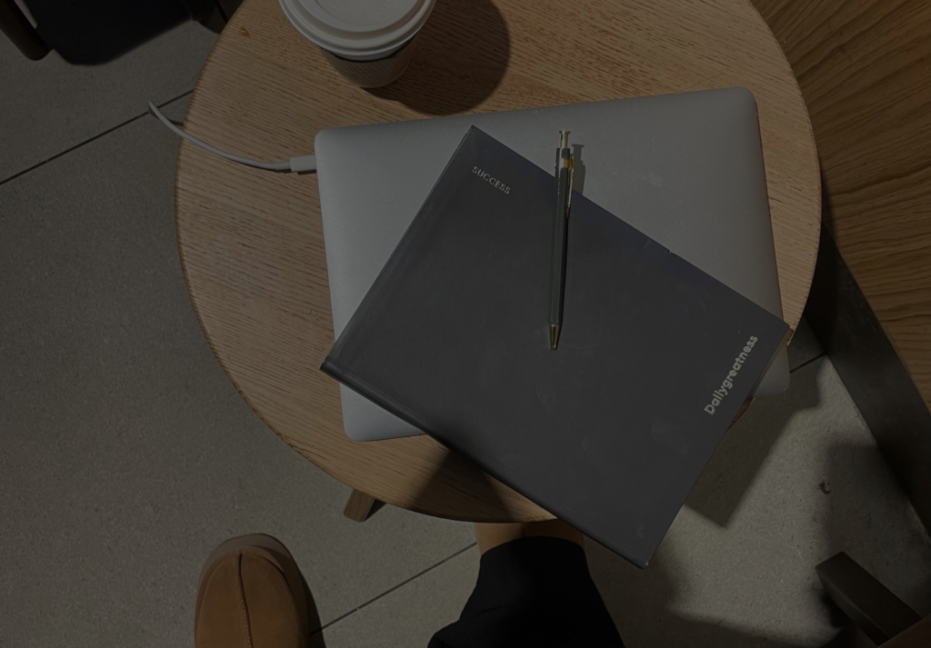 aerial view of laptop, coffee and success notebook